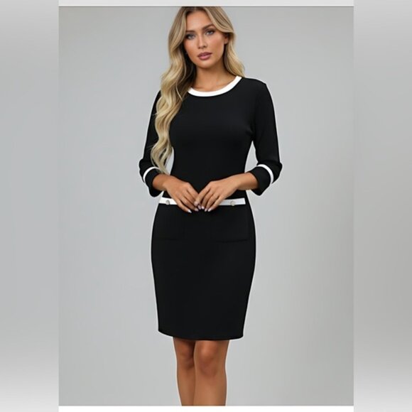 Black Two-Tone Trim Fitted Dress - Picture 3 of 9